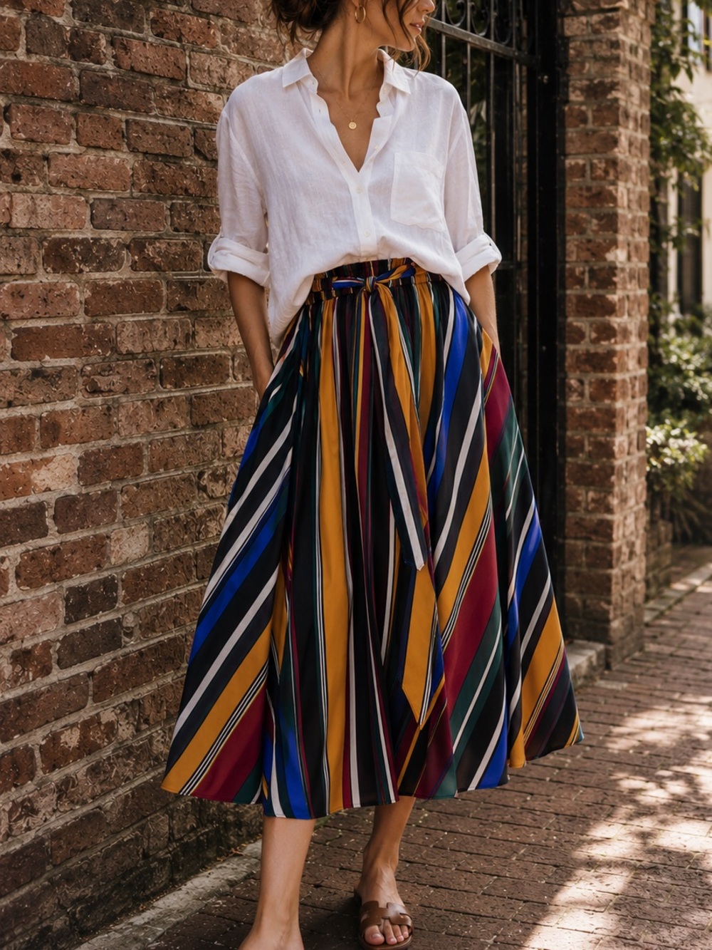 Striped Midi Skirt Tie Waist Colorblock A-Line Large